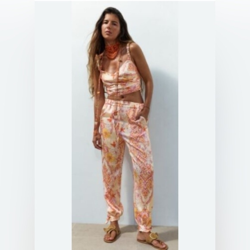 Zara Peach Paisley Elastic-Waist Track Pants
